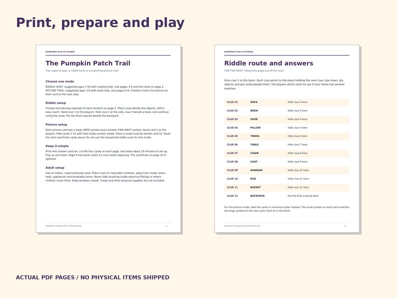 Halloween Treasure Hunt Printable, 12 Riddle Clues and Picture Trail for Kids (PDF)
