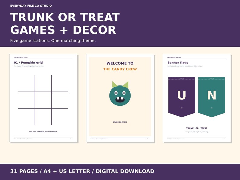 Trunk or Treat Printable Bundle, 5 Games, Candy Crew Signs and Banner (PDF)