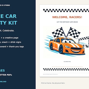 Race Car Birthday Party Printables, Games, Signs, Driver Badges and Favor Tags, Orange Racing Party Kit, PDF Download