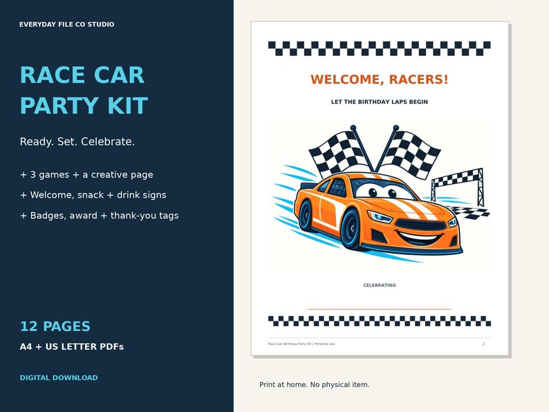 Race Car Birthday Party Printables, Games, Signs, Driver Badges and Favor Tags, Orange Racing Party Kit, PDF Download