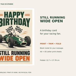 Racing Birthday Card Printable, Still Running Wide Open, Retro Race Car Greeting Card, Blank Inside, Digital Download