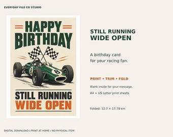 Biglietto di auguri di compleanno a tema corse automobilistiche, ancora in piena attività, interno vuoto