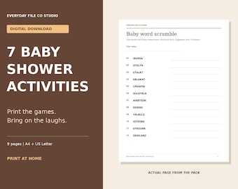 Pacchetto di giochi stampabili per baby shower, 7 attività neutre con soluzioni.
