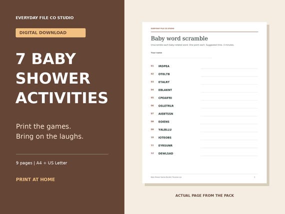 Baby Shower Games Printable Bundle, 7 Neutral Activities and Answer Keys product preview