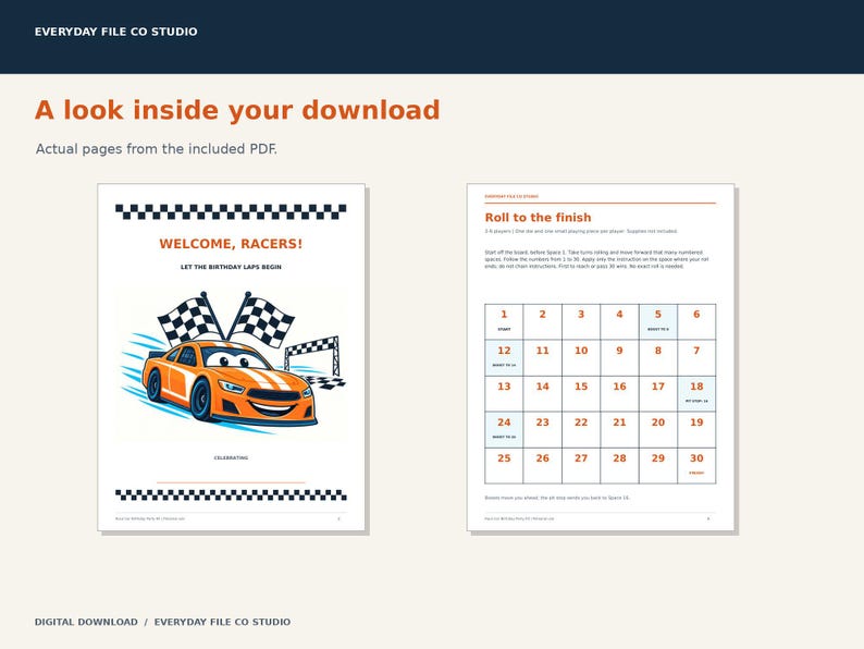 Race Car Birthday Party Printables, Games, Signs, Driver Badges and Favor Tags, Orange Racing Party Kit, PDF Download