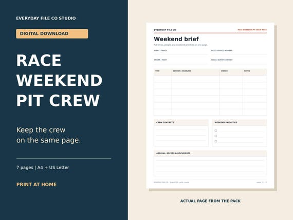 Race Weekend Pit Crew Planner Printable, Session Log and Setup Notes product preview