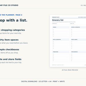 May include: A digital grocery list planner page featuring six categorized sections for produce, protein, dairy, pantry, frozen foods, and other essentials. The layout includes thirty checkboxes, date and store fields, and the text Shop with a list.