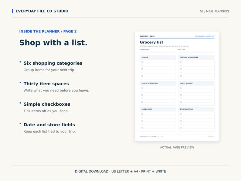 May include: A digital grocery list planner page featuring six categorized sections for produce, protein, dairy, pantry, frozen foods, and other essentials. The layout includes thirty checkboxes, date and store fields, and the text Shop with a list.