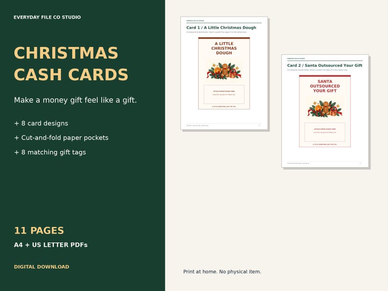 Printable Christmas Money Gift Cards, 8 Funny Cash Card Designs with Paper Pockets and Gift Tags, A4 & Letter PDF