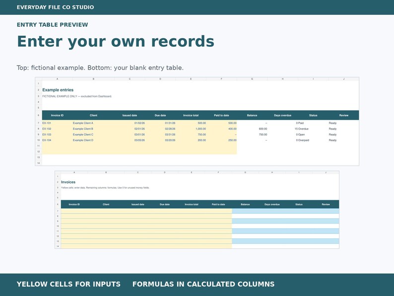 Freelancer Invoice Payment Tracker Excel Spreadsheet, Unpaid Balance and Overdue Dashboard