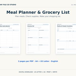 May include: A digital meal planner and grocery list set featuring three pages titled Weekly meal planner, Grocery list, and Pantry & freezer inventory. The documents include sections for planning meals, tracking supplies, and shopping lists in English.