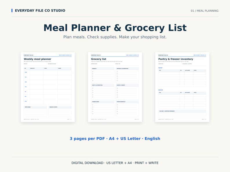 May include: A digital meal planner and grocery list set featuring three pages titled Weekly meal planner, Grocery list, and Pantry & freezer inventory. The documents include sections for planning meals, tracking supplies, and shopping lists in English.