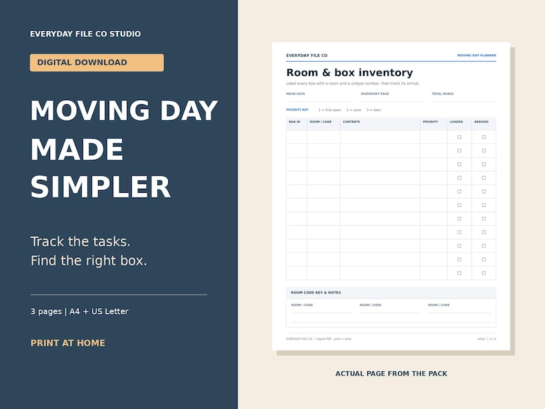 Moving Planner Printable PDF, Packing Checklist and Box Inventory