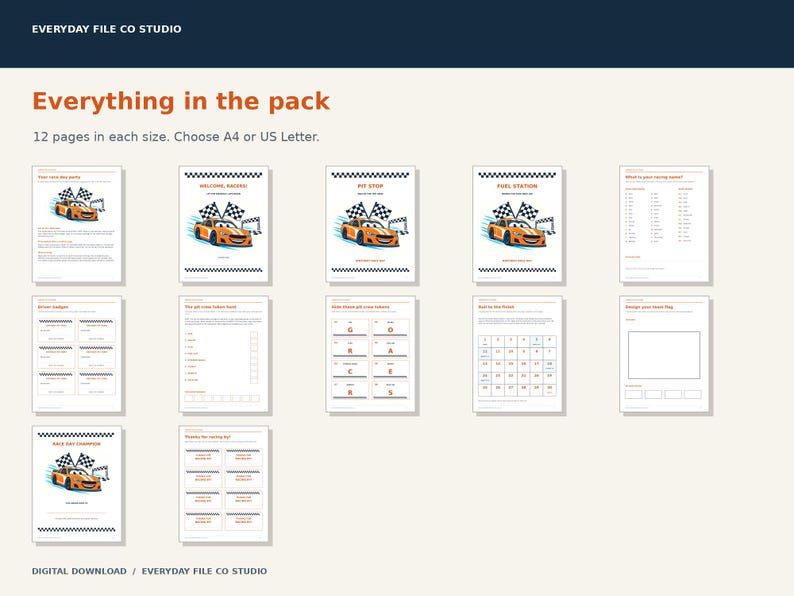 Race Car Birthday Party Printables, Games, Signs, Driver Badges and Favor Tags, Orange Racing Party Kit, PDF Download
