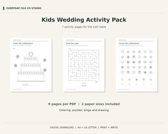 Pacchetto di attività stampabili per bambini a tema matrimonio: disegni da colorare, bingo, ricerca di parole e labirinto.