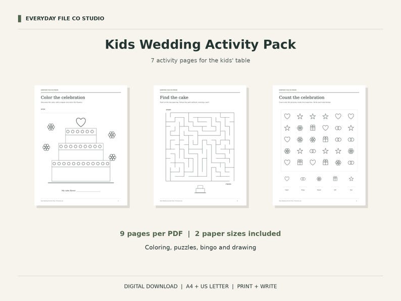 Kids Wedding Activity Pack Printable, Coloring, Maze, Word Search and Bingo, A4 and US Letter PDF