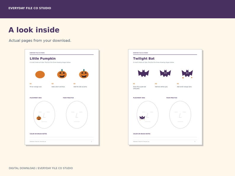 Halloween Face Paint Practice Pack, 8 Cheek Designs, Menu and Face Charts (PDF)
