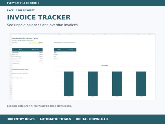 Freelancer Invoice Payment Tracker Excel Spreadsheet, Unpaid Balance and Overdue Dashboard product preview