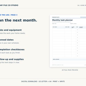 May include: A digital monthly task planner page for home maintenance with columns for tasks, dates, and checkboxes. The text includes 'EVERYDAY FILE CO STUDIO', 'Plan the next month', 'Tasks and equipment', 'Planned dates', 'Completion checkboxes', and 'Follow-up and supplies'.