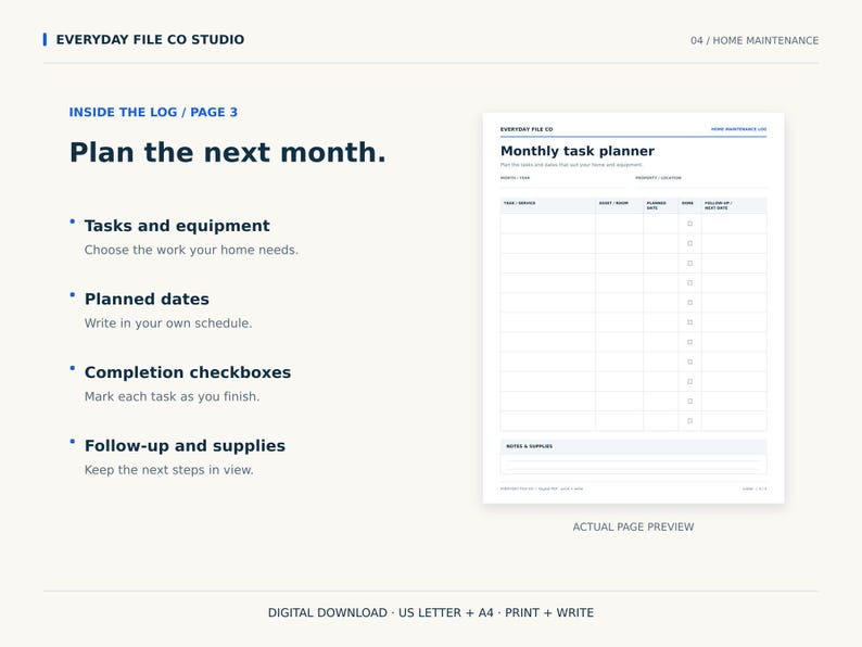 May include: A digital monthly task planner page for home maintenance with columns for tasks, dates, and checkboxes. The text includes 'EVERYDAY FILE CO STUDIO', 'Plan the next month', 'Tasks and equipment', 'Planned dates', 'Completion checkboxes', and 'Follow-up and supplies'.