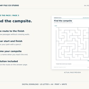 May include: A digital activity page titled Find the campsite featuring a square maze with a start and finish point. The text includes instructions to follow passages without crossing walls, trace the path with a pencil, and name the campsite.