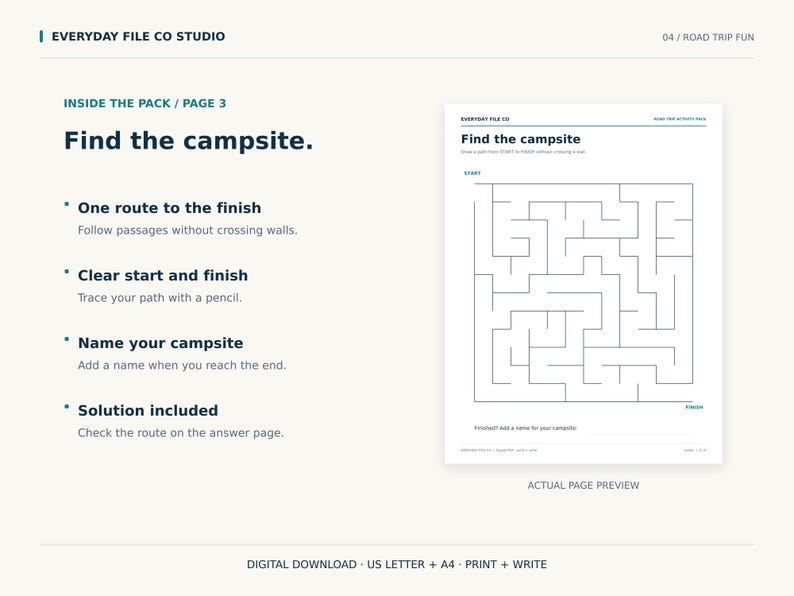 May include: A digital activity page titled Find the campsite featuring a square maze with a start and finish point. The text includes instructions to follow passages without crossing walls, trace the path with a pencil, and name the campsite.