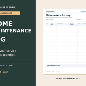 Home Maintenance Log Printable PDF, Appliance Records and Repair History