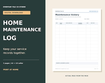 Home Maintenance Log Printable PDF, Appliance Records and Repair History