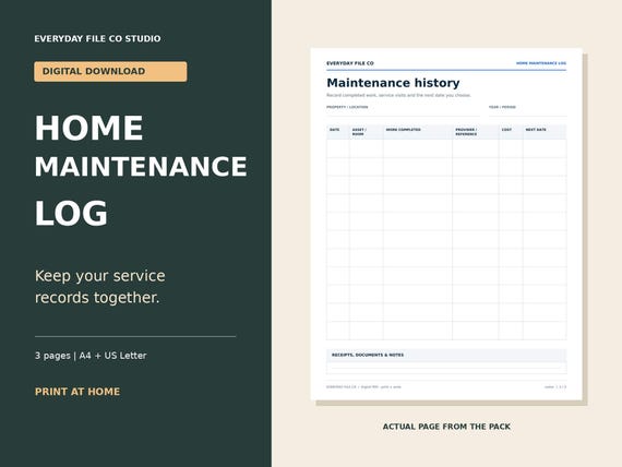 Home Maintenance Log Printable PDF, Appliance Records and Repair History product preview