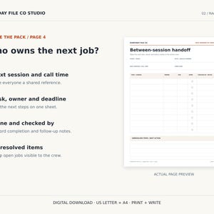 May include: A digital document template titled Between-session handoff from Everyday File Co Studio. The page features a table for tracking tasks, owners, and deadlines, with sections for next session details, completion status, and unresolved items.