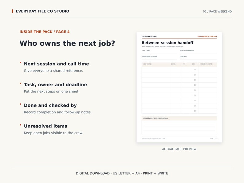 May include: A digital document template titled Between-session handoff from Everyday File Co Studio. The page features a table for tracking tasks, owners, and deadlines, with sections for next session details, completion status, and unresolved items.