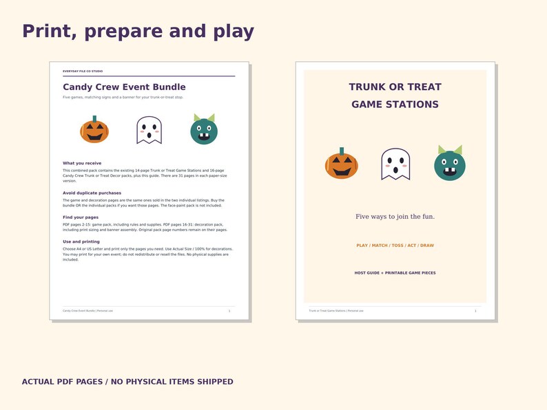 Trunk or Treat Printable Bundle, 5 Games, Candy Crew Signs and Banner (PDF)