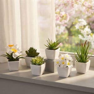 May include: A collection of five small artificial plants in white square ceramic pots. The set includes two flowering plants with white and yellow petals and three green succulents of varying shapes, arranged on a flat surface.