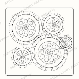 May include: A black and white educational worksheet titled Gearworks featuring four interlocking gear illustrations of varying sizes. The text reads: Gearworks, Count the teeth, then colour the gears that match, LEVEL, and PAGE 17. The gears have circular cutouts.