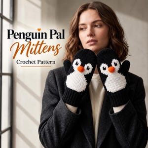 Puede incluir: Manoplas de ganchillo en blanco y negro con un diseño de pingüino y una pequeña nariz naranja. El texto "Penguin Pal Mittens Crochet Pattern" aparece en letras negras y naranjas en el lado izquierdo de la imagen.