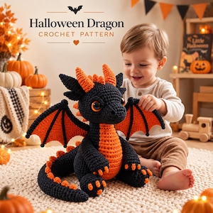 May include: A black and orange crochet dragon toy with large orange eyes, textured wings, and a long tail. The text above reads Halloween Dragon CROCHET PATTERN. The dragon features a black body with orange accents on the belly, horns, and wings.