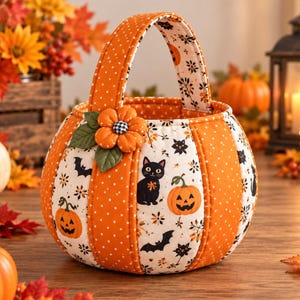 May include: A fabric pumpkin-shaped basket featuring alternating panels of orange polka dot fabric and white fabric printed with black cats, bats, and orange jack-o'-lanterns. The basket has a matching handle and a fabric flower accent.