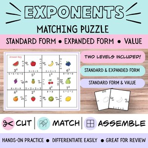 Può includere: Un puzzle educativo sugli esponenti con una griglia di illustrazioni di frutta abbinate a espressioni matematiche in forma standard ed estesa. Include testi come Exponents Matching Puzzle, Two Levels Included, Cut, Match, Assemble e Hands-on Practice.