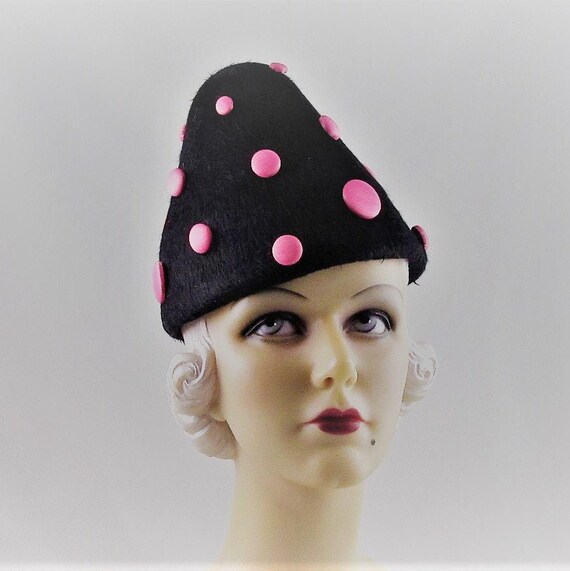 Womens Hats 43 Black Fur Felt Long Hair Handmade Pink Buttons Etsy