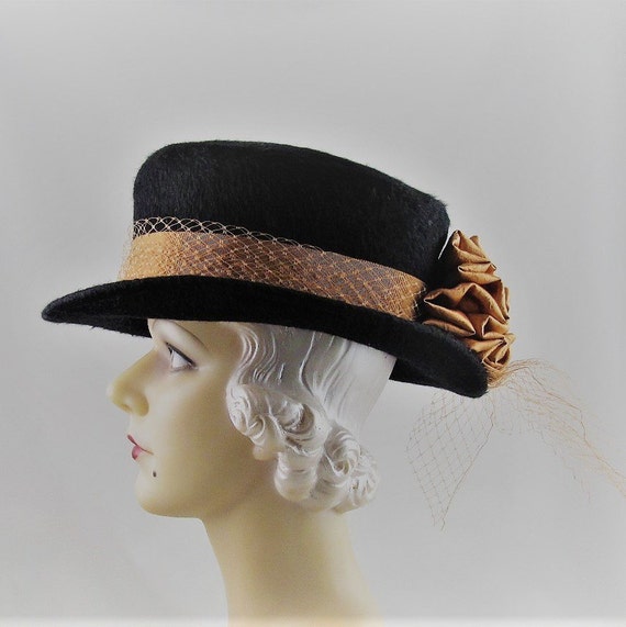 Womens Hats 65 Black Fur Felt Long Hair Top Hat Copper Flower Etsy