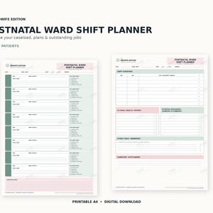 May include: A printable A4 digital download Postnatal Ward Shift Planner by TME The Midwife Edition. The document features two pages with sections for patient details, shift overview, tasks, results, reviews, discharges, and handovers.