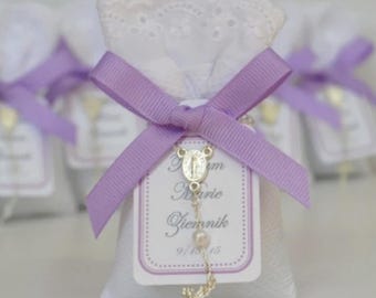 Christening Favor – Lavender Sachets with Rosary, Personalized Tag - Recuerdos de Bautizo