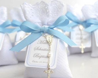 Boy Baptism Favors – Lavender Sachets with Rosary & Blue Ribbon - Bautismo