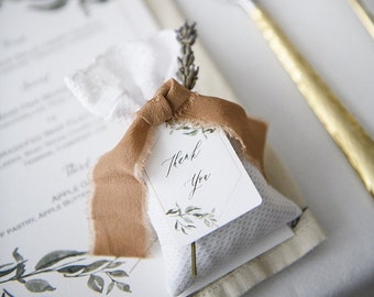 Dried Lavender Wedding Favor | Personalized Name Tag, Silk Ribbon