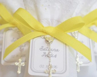 Set of 10 - Lavender Sachet Baptism Favors – Rosary & Yellow Ribbon - Recuerdos de Bautizo