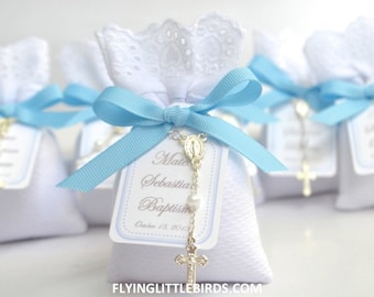 Baptism Favors - Christening Lavender Sachets Baby Boy Favor with Rosary & Blue Ribbon