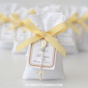 Baptism Favors - Christening Lavender Sachets Favor with Ivory Bow and mini rosary - Baby Girl Baptism Favors