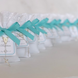Baptism Favors | Baby Girl Baptism Favors | Christening Lavender Sachets Favor with Mini Rosary and Pink Ribbon - Baby Boy Baptism Favor