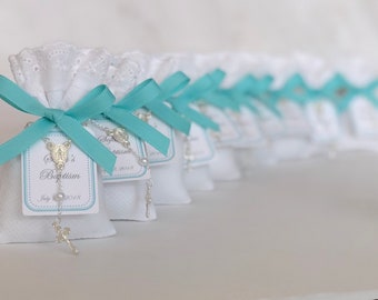 Lavender Sachets Baptism Favors | Mini Rosary, Personalized Tag - Recuerdos de bautizo - Boy Bapstism Favors