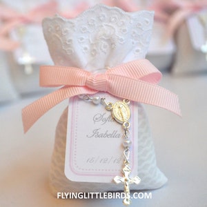 Baby Girl Baptism Favors - Christening Lavender Scented Sachets Favor with Mini Rosary and Pink Ribbon